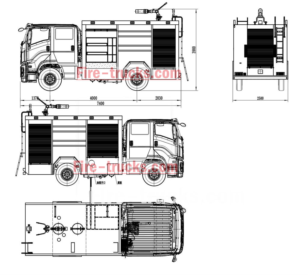 ISUZU 4x4 offroad single tire fire truck technical drawing ISUZU 4x4 offroad single tire fire truck technical drawing